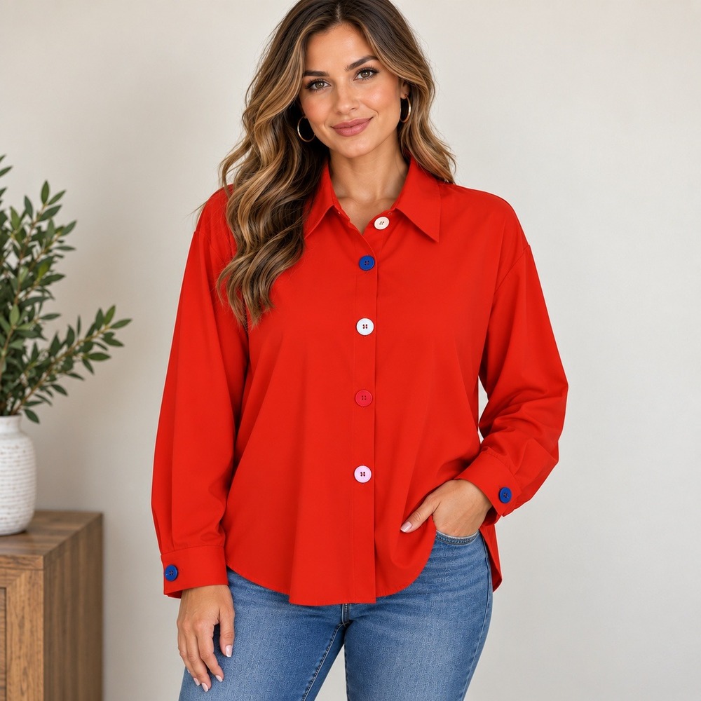 New Womens Red Long Sleeve Multi Color Button Up Shirt Blouse XL Relaxed Fit